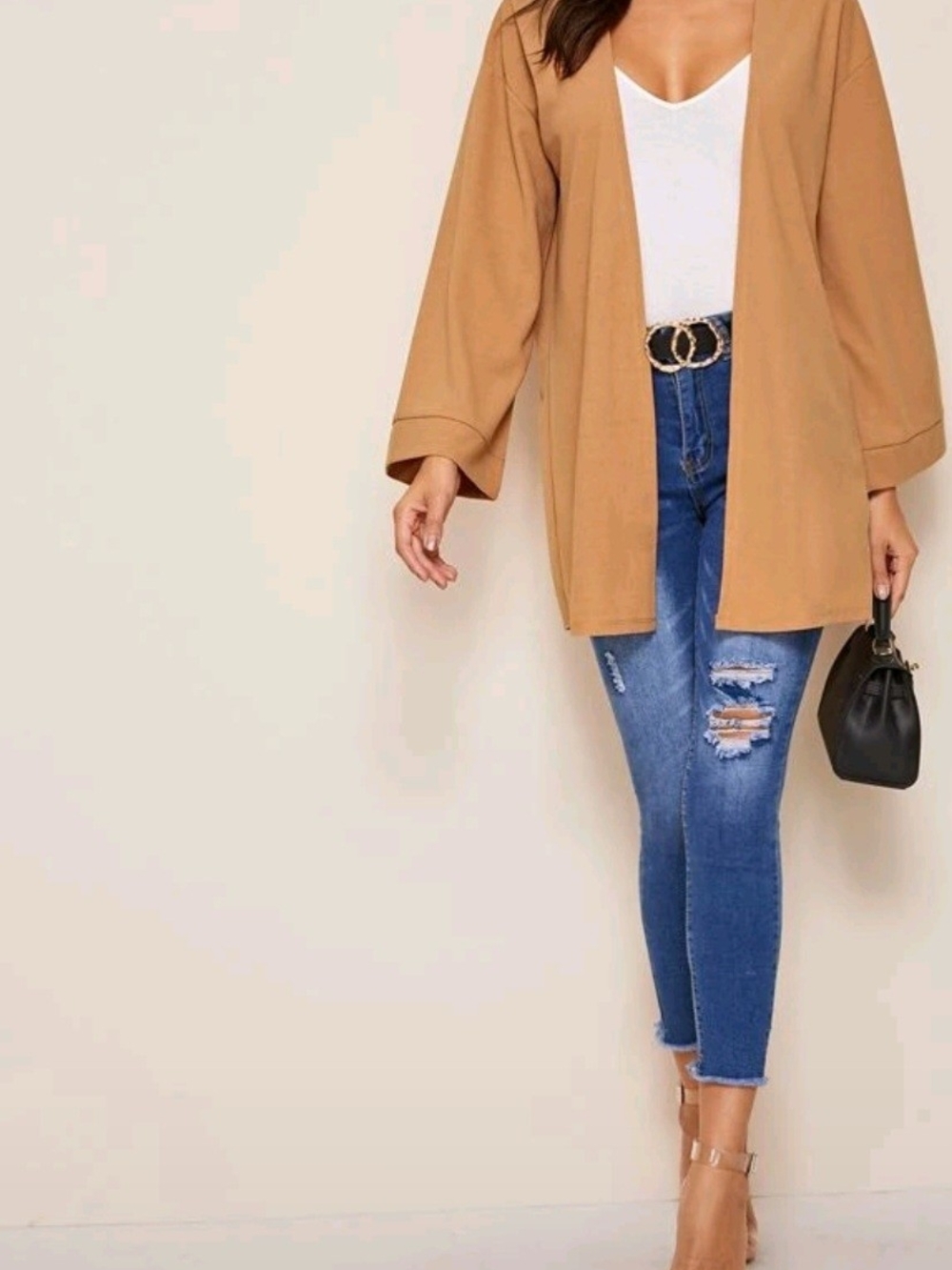 Camel Open-Front Longline Blazer Jacket